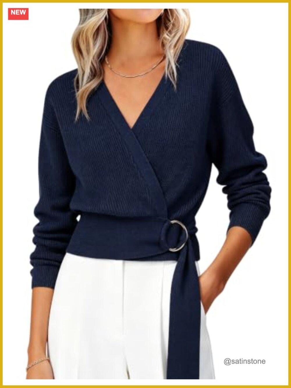 Ribbed Knit Wrap Cardigan Long Sleeve V Neck Cropped Sweater with Belt